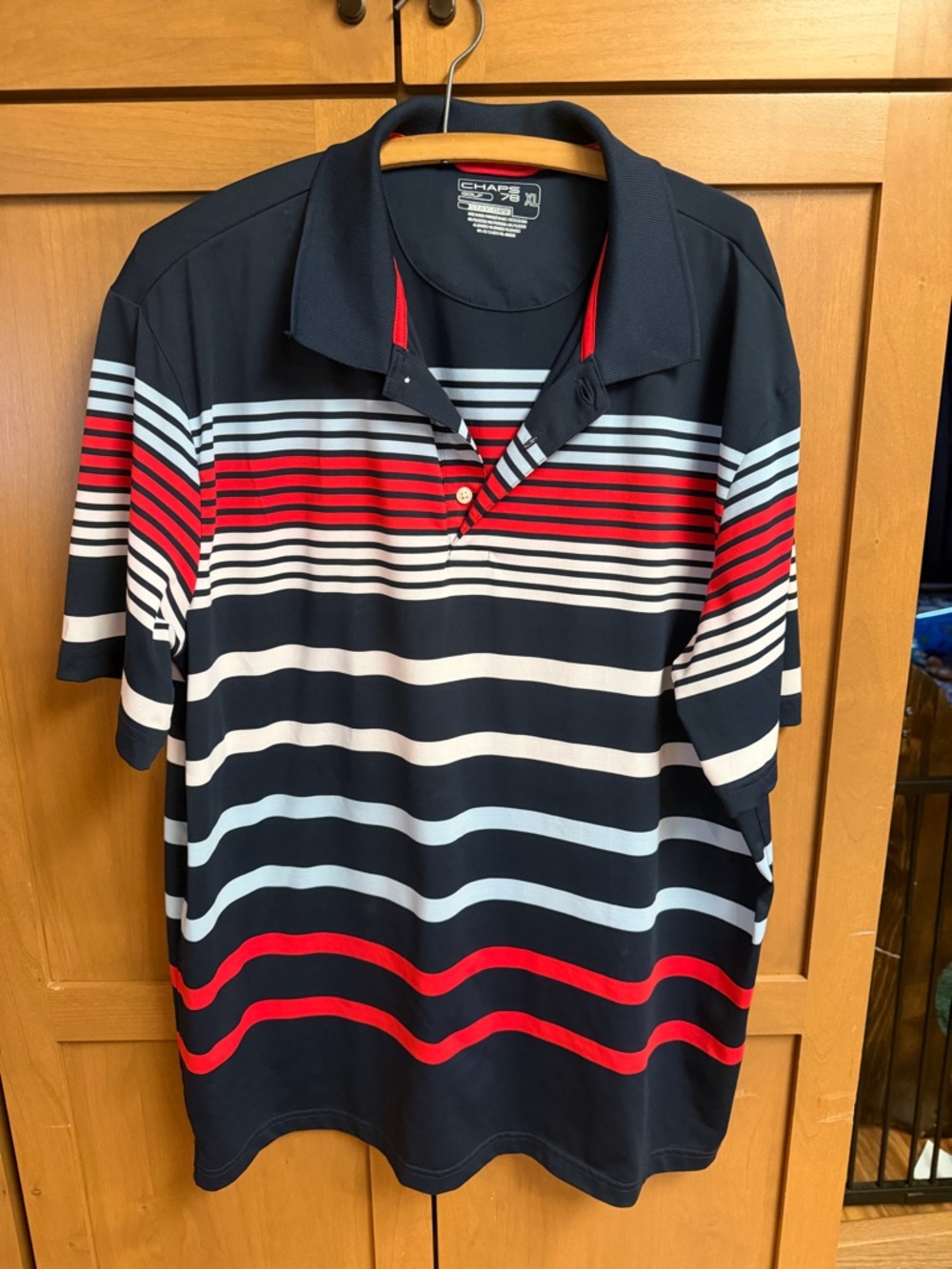 Chaps Navy Polo with Red, White and Light Blue Stripes